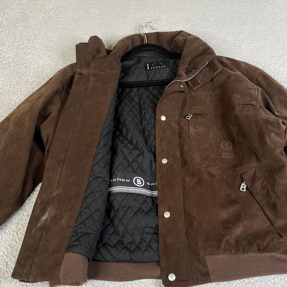 Bogner Bomber Jacket Mens 36 Brown Faux Suede Vegan Quilted Lined Full Zip Snap - Picture 3 of 16